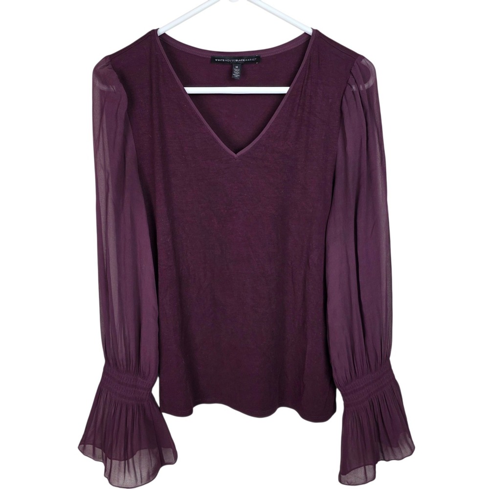 White House Black Market V-Neck Top Women M Purple Excellent Sheer Ruffle Sleeve